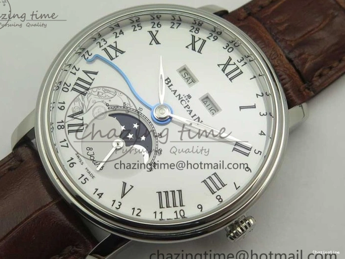 0712 Upgraded Villeret Quantième Complet 8 Jours SS Complicated Function OMF 1:1 Best Edition White Dial on Brown Leather Strap A 7983